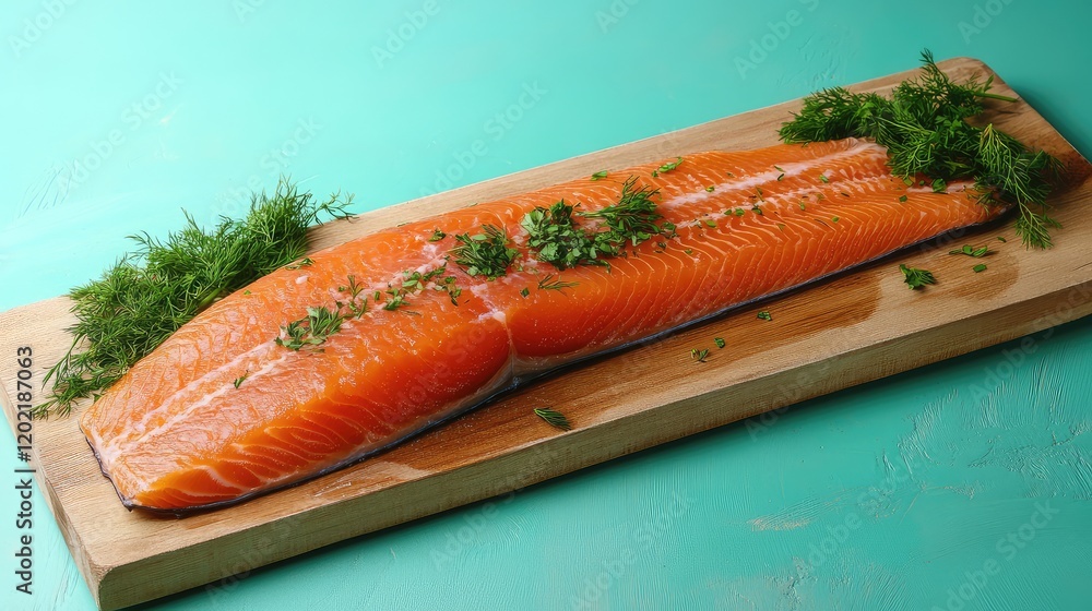 Poster fresh salmon fillet garnished with herbs on cutting board with copy space for text