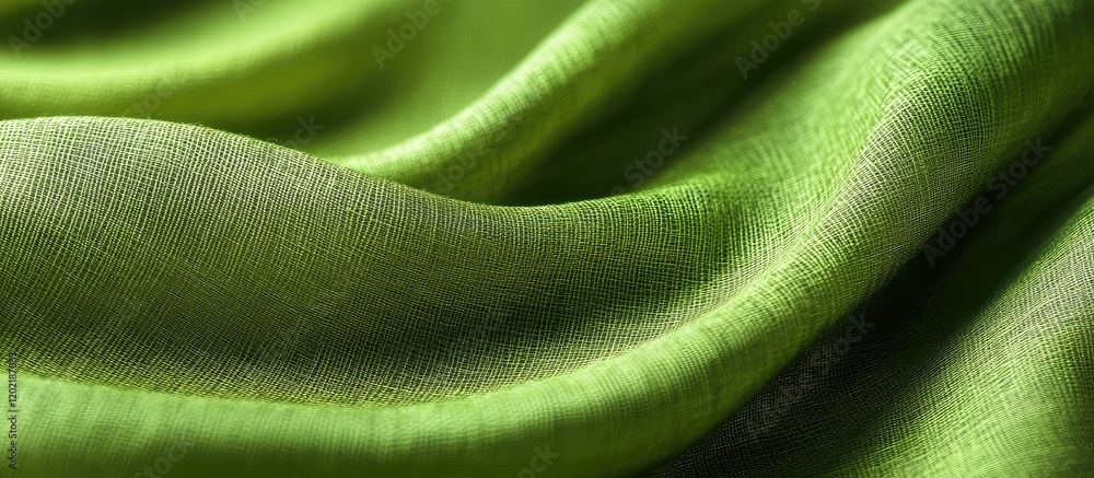 Poster close-up of textured green fabric with soft folds and drapes, ideal for background use with copy spa