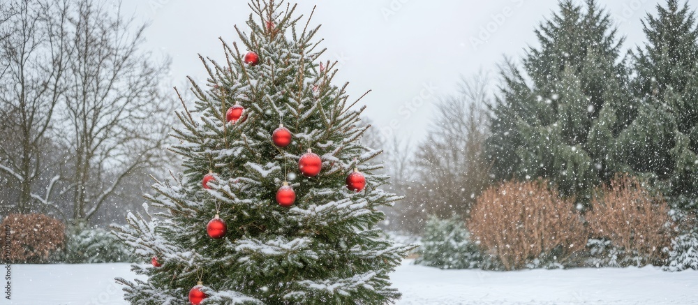 Poster snow-covered christmas tree with red ornaments in a winter landscape with falling snow and evergreen