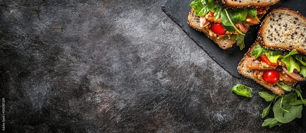 Poster freshly made sandwiches on a slate plate with greens and tomatoes on a dark textured background copy