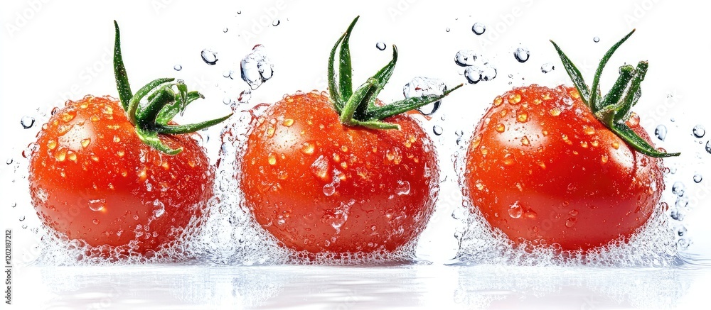 Poster fresh red tomatoes splashing in water with droplets on a white background copy space