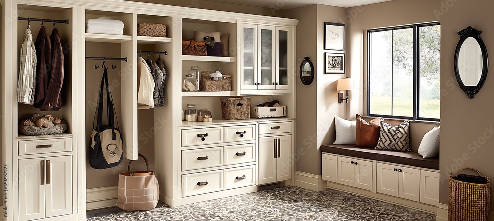 Poster a stylish and functional mudroom with organized storage, a built-in bench, and practical design elem