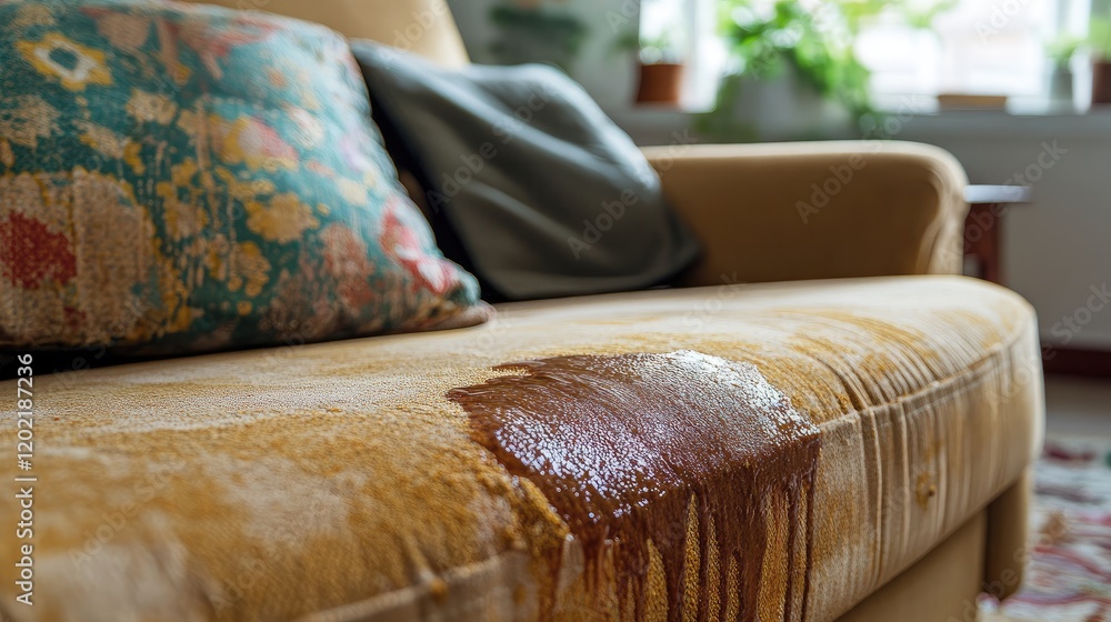 Poster Soiled couch with water stains and colorful decorative pillows in a bright indoor setting with plants in the background Copy Space