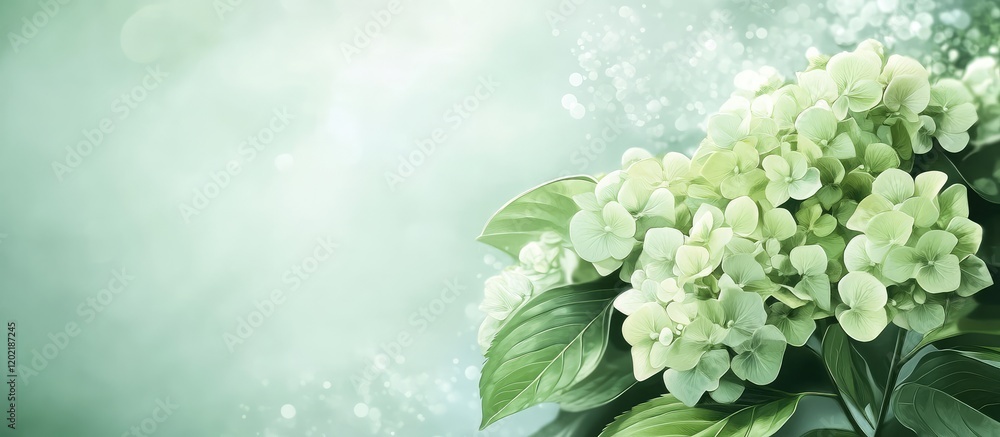 Poster floral composition featuring white hydrangeas on a soft green background with copy space for text pl