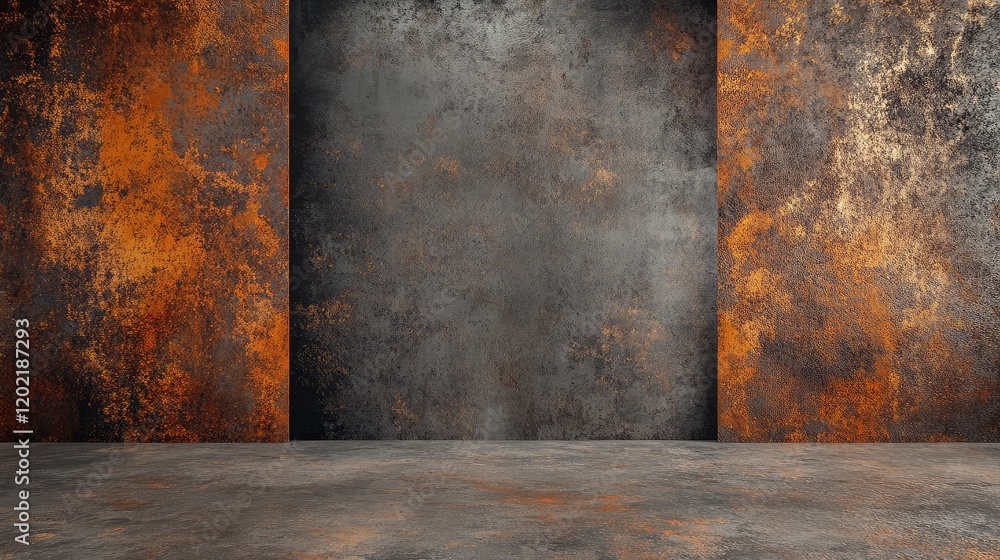 Poster Rusty textured wall background with three sections in orange and gray tones and copy space for text.