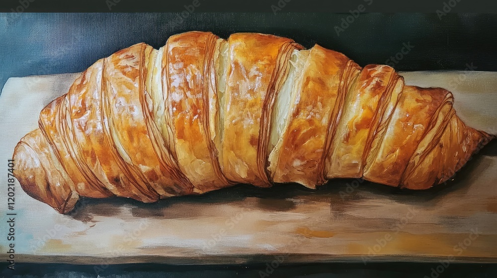 Poster realistic painting of a golden croissant displayed on a wooden board with soft lighting and detailed