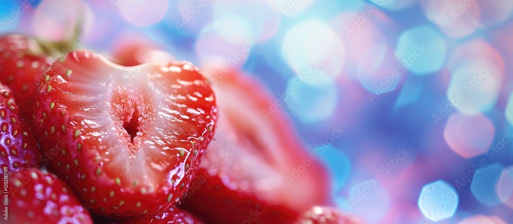 Poster fresh strawberries with a bokeh background featuring blue and pink tones copy space