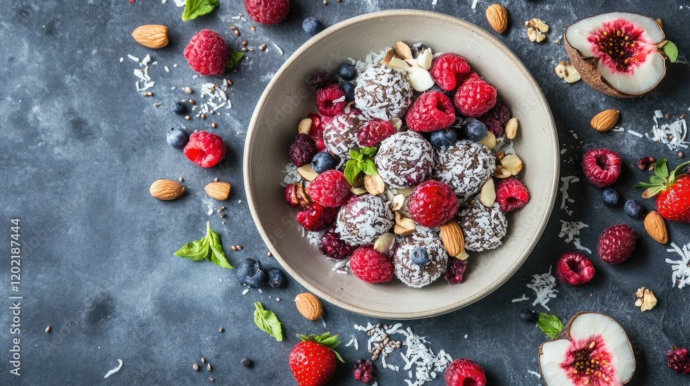 Poster Bowl of assorted berries and nuts with coconut treats on a textured gray background with copy space