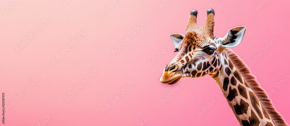 Poster giraffe portrait with pink background and copy space for text insertion