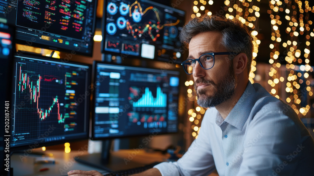 Poster focused entrepreneur analyzing data on multiple screens in modern workspace, surrounded by soft lights. atmosphere is dynamic and tech driven, showcasing integration of AI in business