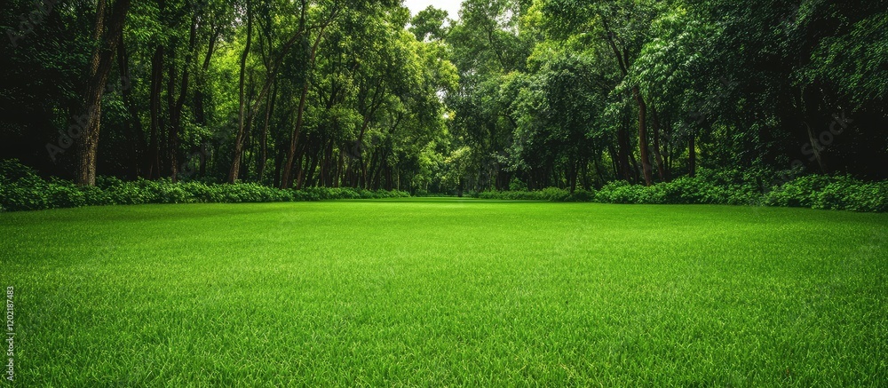 Aufkleber Lush green grass field surrounded by dense trees in a tranquil forest setting with ample Copy Space for text placement