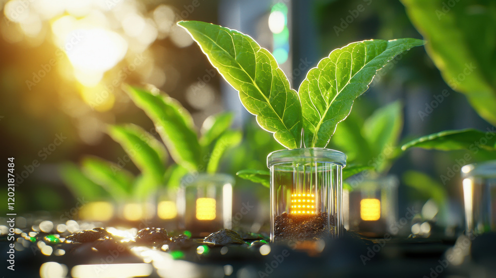 Aufkleber automated bio sensors collecting data from plant growth in greenhouse. image showcases innovative te