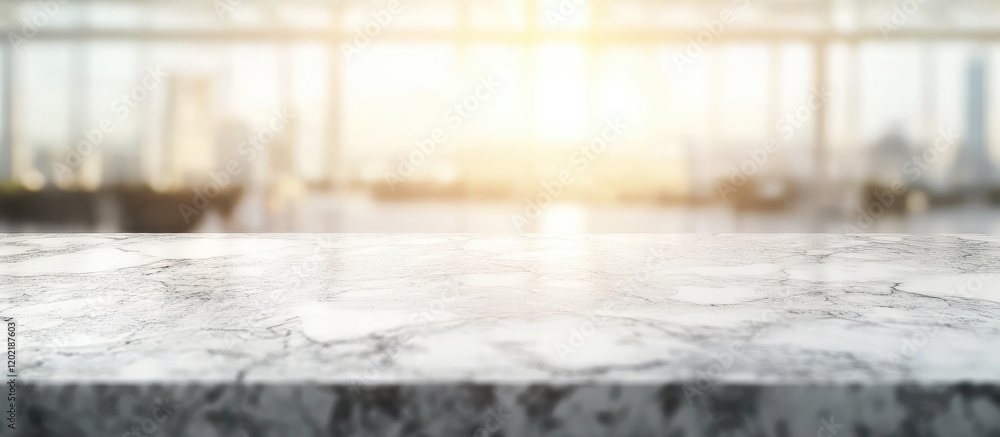 Aufkleber marble countertop with blurred city skyline background and sunlight creating a warm atmosphere with 