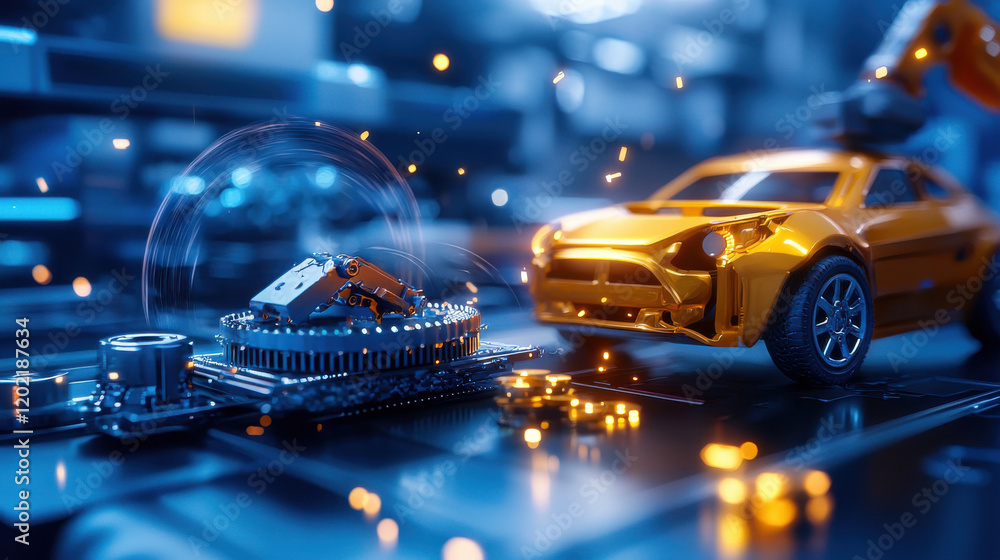 Poster futuristic tech lab scene featuring robotic arm, microchip, and toy car, showcasing innovation and c