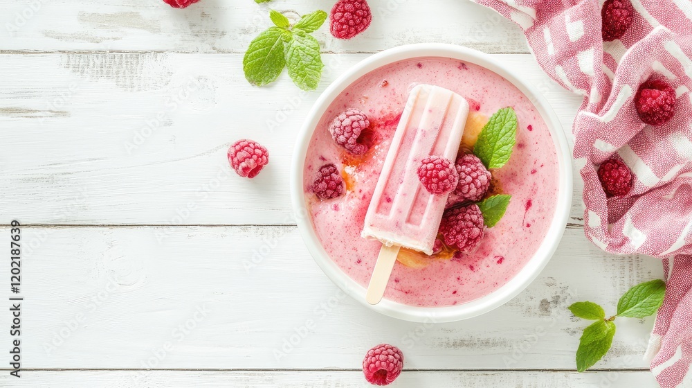 Poster raspberry yogurt dessert with popsicle and fresh raspberries on white wooden table with pink checker