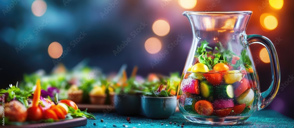 Aufkleber fresh fruit and vegetable salad in a glass pitcher with colorful gourmet appetizers on a table copy 