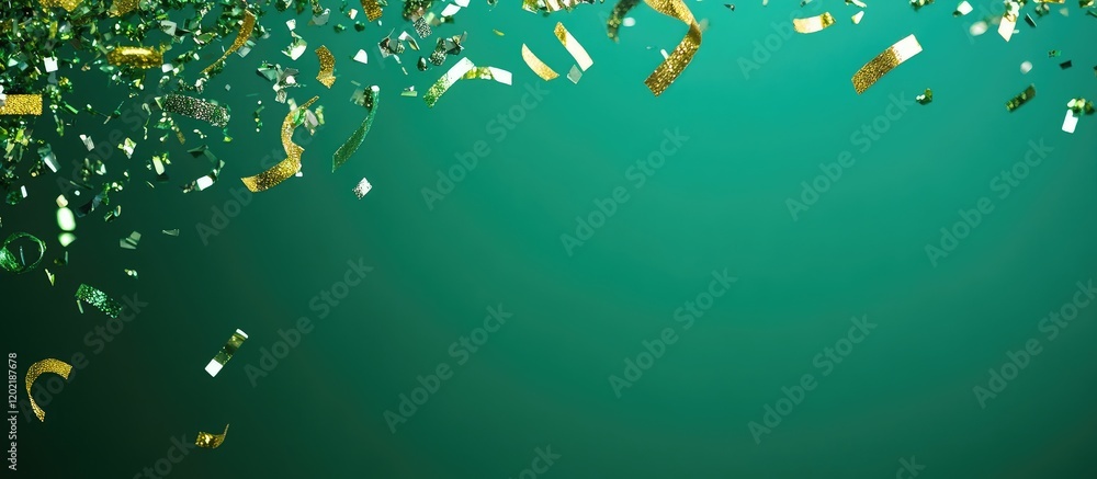 Poster colorful confetti falling on a teal background with ample copy space for text placement during celeb