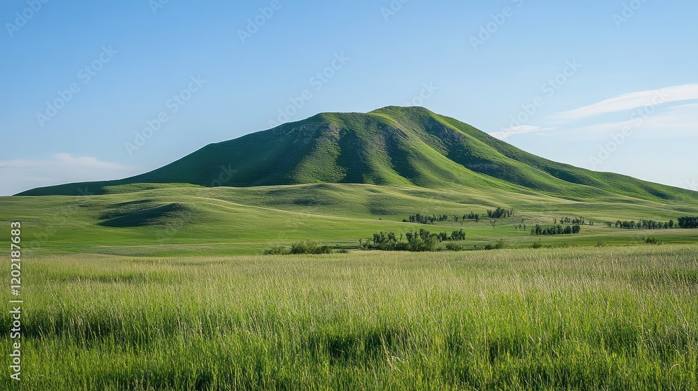 Poster Green grassy hill with gentle slopes under a clear blue sky surrounded by open fields and distant trees Copy Space