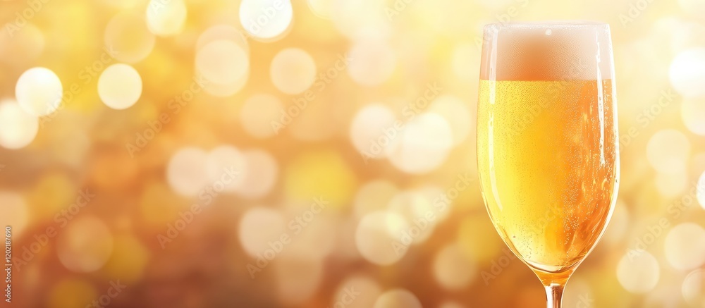 Poster champagne glass with bubbles and golden background bokeh copy space
