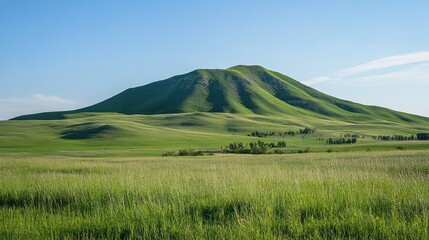 Obraz premium Green grassy hill with gentle slopes under a clear blue sky surrounded by open fields and distant trees Copy Space