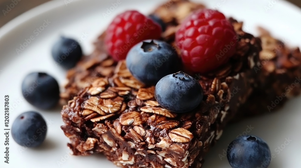 Poster healthy granola bar with raspberries and blueberries on a white plate with copy space for text