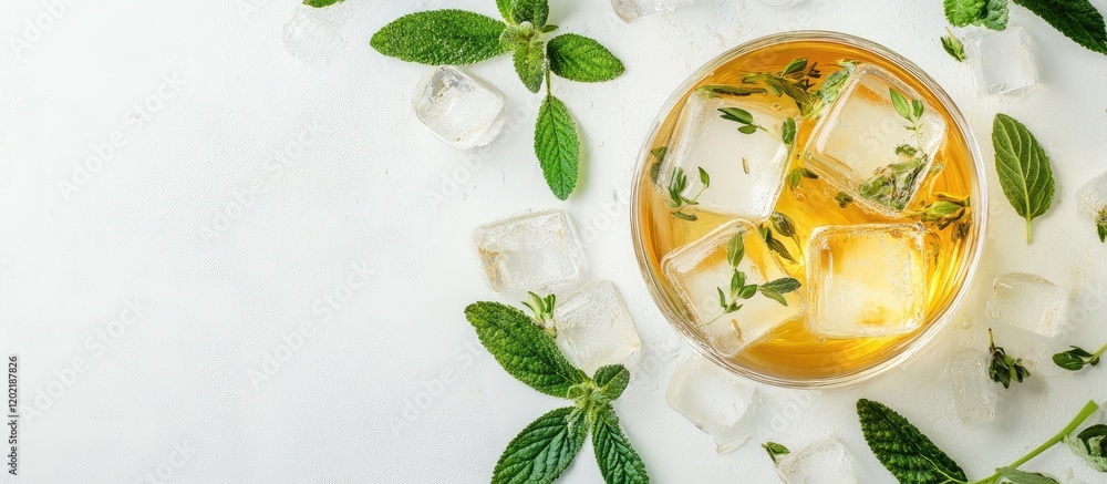 Poster Refreshing iced tea with mint leaves and ice cubes on a white background with copy space for text