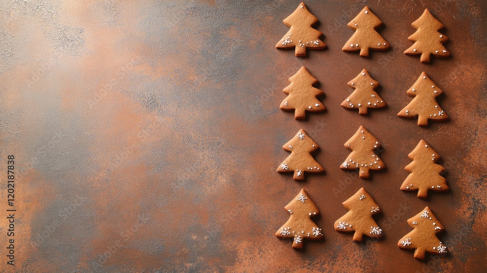 Poster gingerbread cookies shaped like christmas trees arranged on a textured brown background with copy sp
