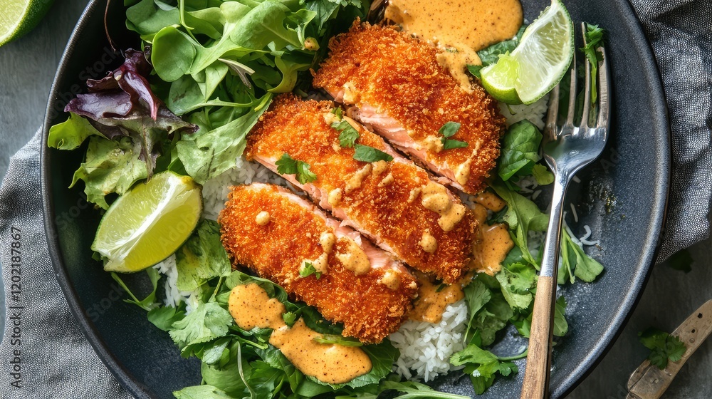 Poster crispy fried salmon fillet slices on a bed of mixed greens with lime wedges and drizzle of sauce on 