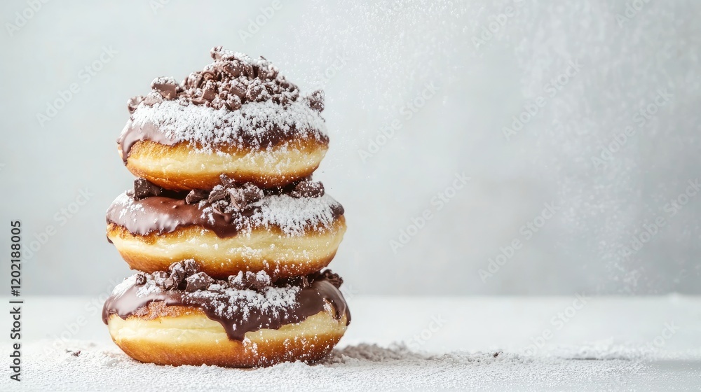 Poster chocolate frosted donuts with crushed chocolate topping stacked on a white plate with powdered sugar