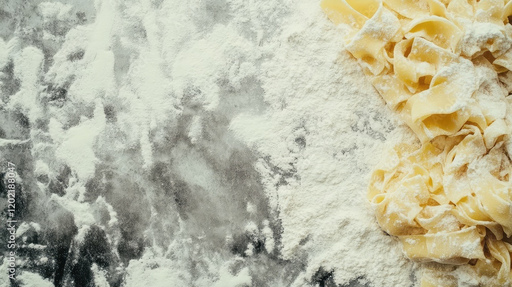 Aufkleber freshly made pasta strands on a floured surface with plenty of copy space for text or graphics.