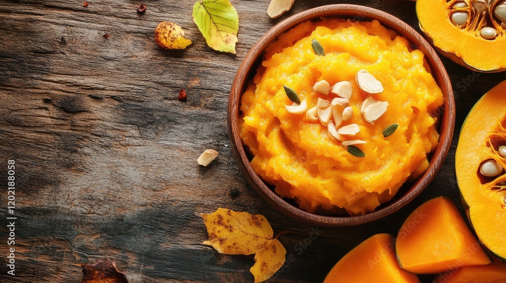 Poster pumpkin puree in a wooden bowl with pumpkin slices and scattered seeds on a rustic wooden table with