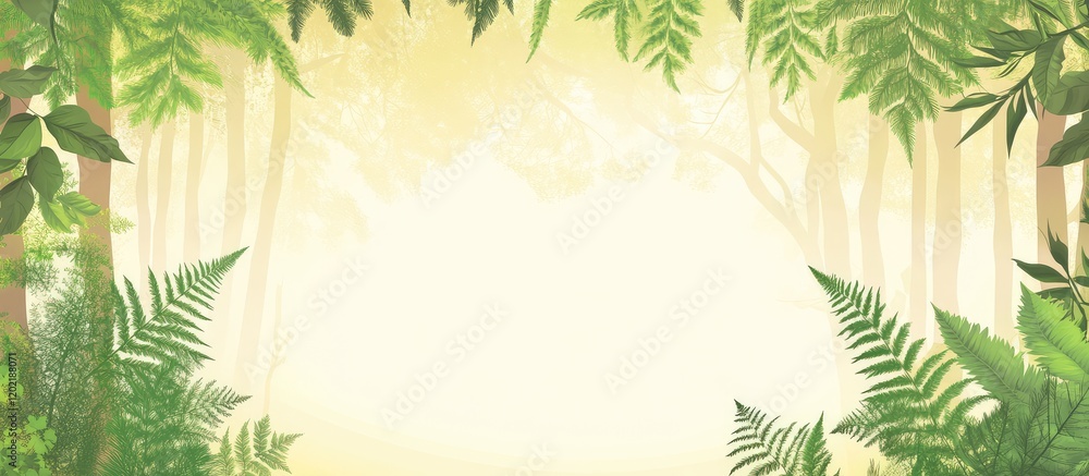 Aufkleber Lush green forest background with ferns and trees creating a natural frame with Copy Space for text or design elements.