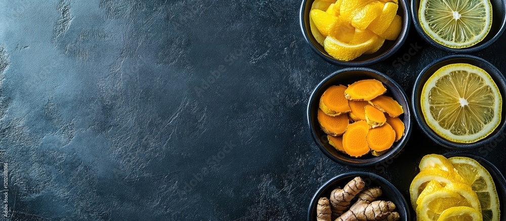 Poster Fresh citrus and turmeric slices in bowls on dark textured background with Copy Space for text placement