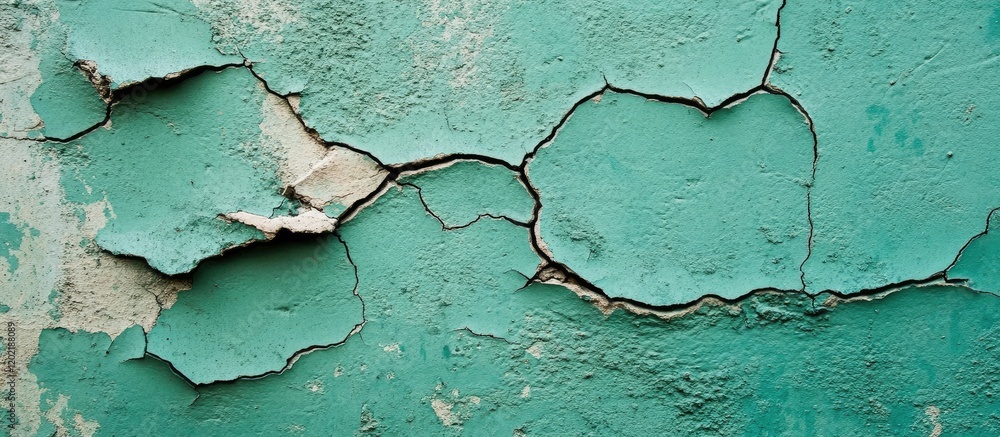Aufkleber Cracked and peeling turquoise paint on a textured wall with visible deterioration and Copy Space for text placement