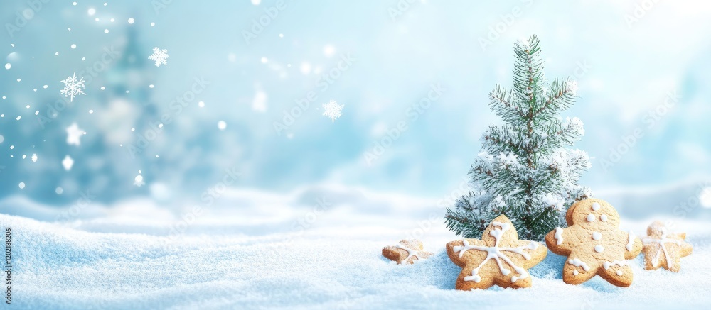 Poster christmas landscape with gingerbread cookies and a small snow-covered tree in a winter setting with 