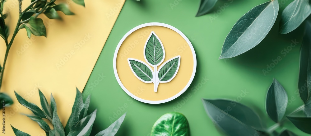 Poster green and yellow background with leaf emblem surrounded by various foliage and plants copy space