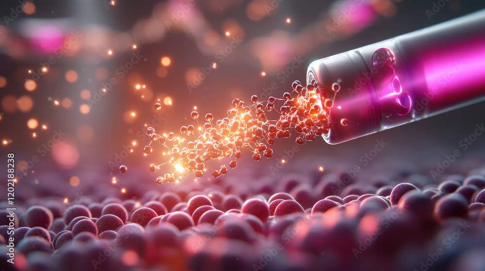 Poster realistic scene of nanotechnology aiding in advanced molecular processes, showcasing vibrant particl