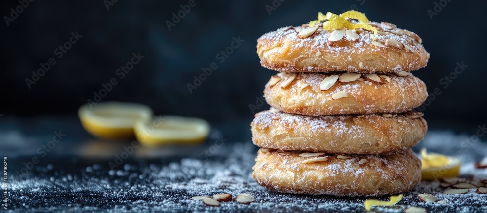 Poster stack of three golden baked cookies dusted with powdered sugar on a dark background with lemon slice