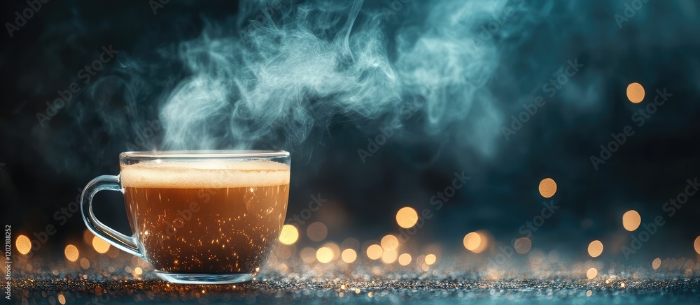 Poster steaming cup of coffee against a blurred background with bokeh lights and dark hues copy space
