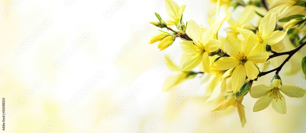 Aufkleber Yellow flowering branch with soft blurred background and ample copy space for text placement.