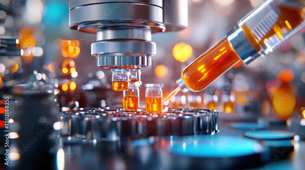 Poster detailed scene of advanced nanotechnology in laboratory, showcasing syringes and vials filled with o