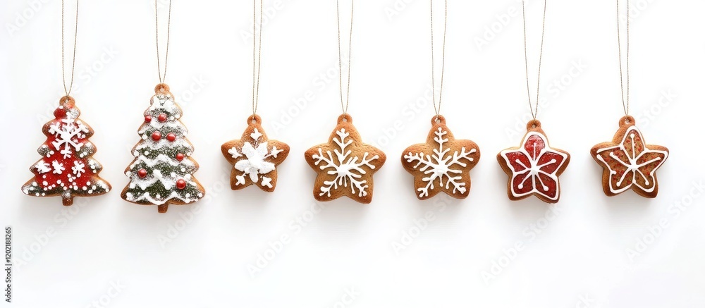 Poster decorative holiday ornaments gingerbread cookies in various shapes on white background with copy spa