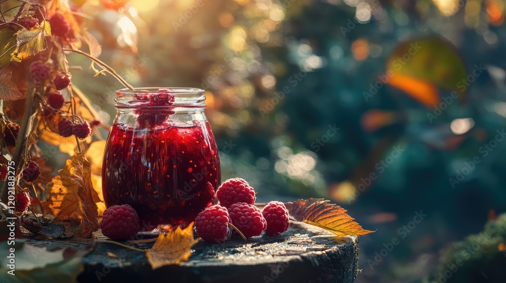 Poster glass jar of raspberry jam surrounded by fresh raspberries and autumn leaves on a wooden stump in a 