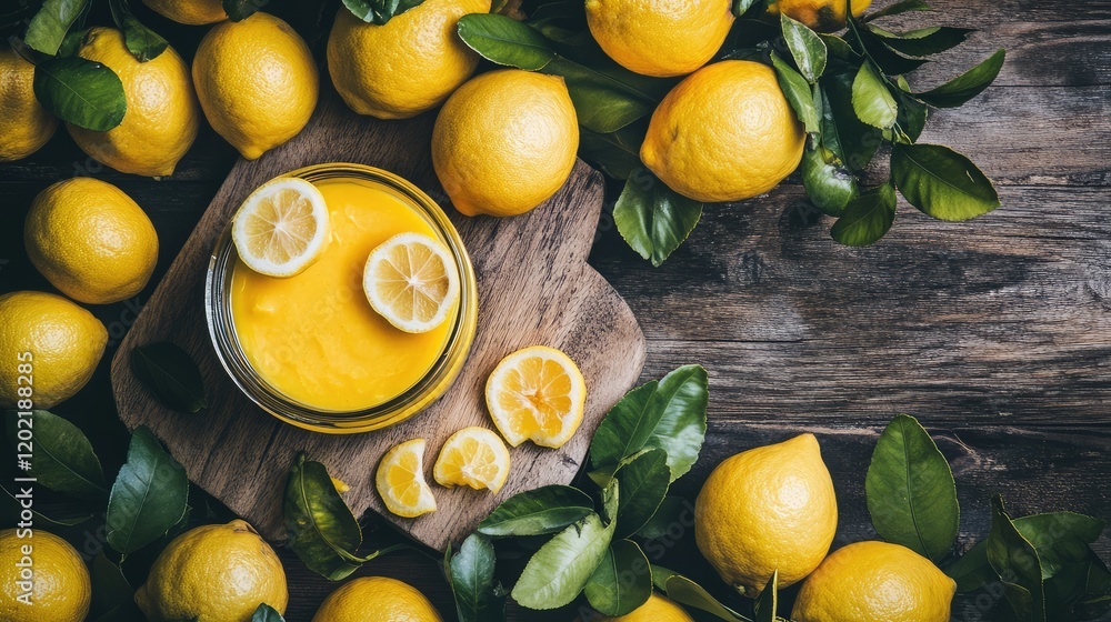Poster fresh lemons and lemon slices arranged around a bowl of lemon pudding on a wooden surface with green