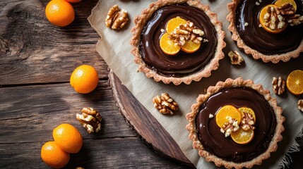Chocolate tart with mandarin slices and walnuts on a wooden table with fresh citrus fruits and copy space for text