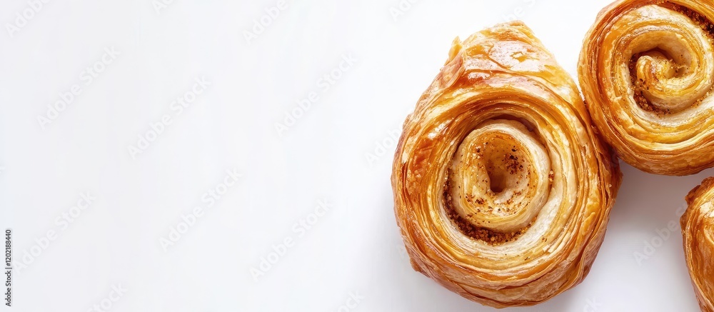 Poster freshly baked cinnamon rolls on white background with copy space for text placement