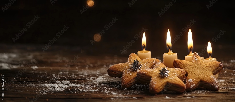 Aufkleber Festive star-shaped cookies with frosting next to burning candles on a rustic wooden surface with flour dust and soft bokeh background Copy Space