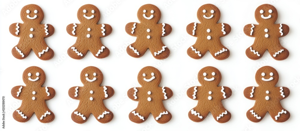 Leinwandbilder gingerbread man cookies arranged in a row with white icing details on a plain background copy space