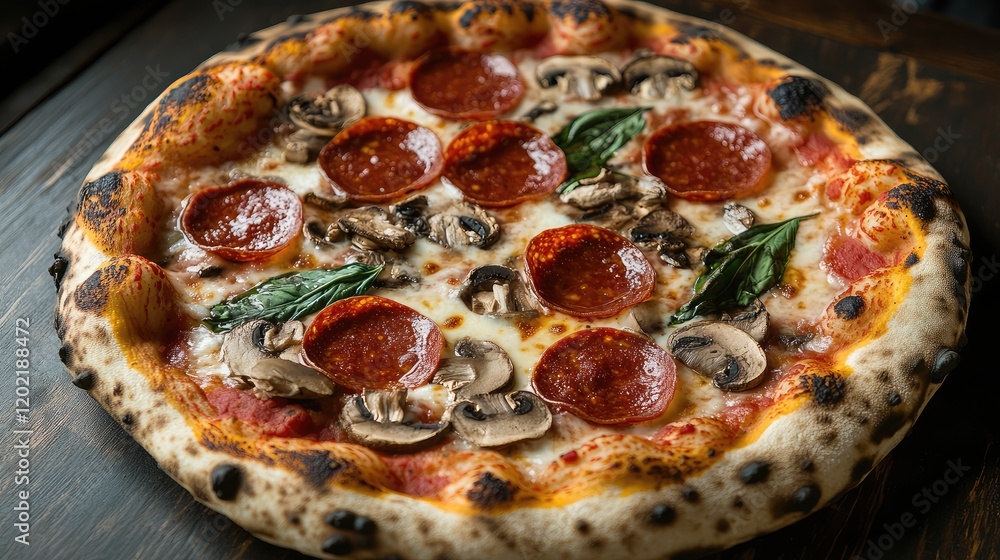 Poster delicious pepperoni and mushroom pizza with fresh basil on a wooden table with copy space for text p