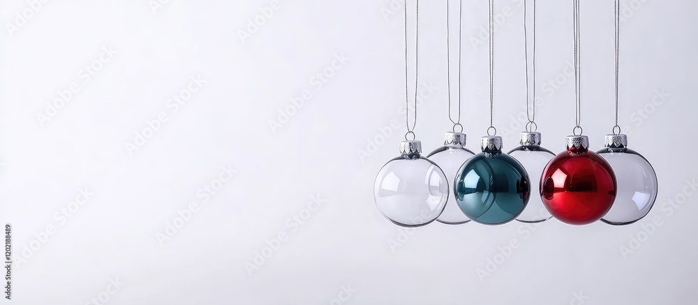 Poster Hanging Christmas ornaments in red and blue with white background and copy space for text usage